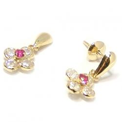 Brinco em ouro amarelo 18k feminino com zirconia - Flor pingente Brinco em ouro amarelo 18k feminino com zirconia - Flor pingente